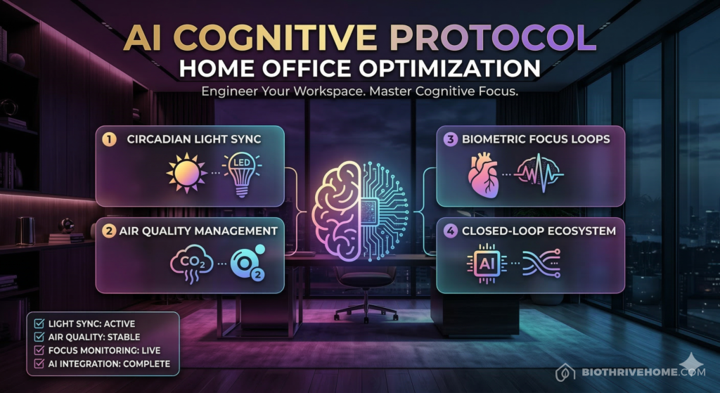 A borderless purple infographic titled 'AI COGNITIVE PROTOCOL: HOME OFFICE'. Four numbered modules: Circadian Light Sync, Air Quality Management, Biometric Focus Loops, and Closed-Loop Ecosystem. No logos or shields.