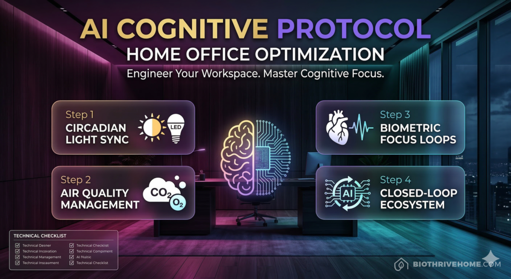 A borderless purple infographic titled 'AI COGNITIVE PROTOCOL: HOME OFFICE'. Four numbered modules: Circadian Light Sync, Air Quality Management, Biometric Focus Loops, and Closed-Loop Ecosystem.
