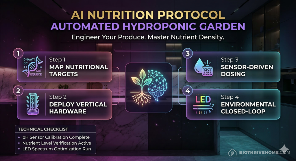 A modern, borderless purple infographic titled 'AI NUTRITION PROTOCOL: AUTOMATED HYDROPONIC GARDEN'. Subtext: 'Engineer Your Produce. Master Nutrient Density.' It features four numbered modules connected to a central glowing icon of a plant root system merging with a digital network. Module 1: Map Nutritional Targets (DNA strand icon). Module 2: Deploy Vertical Hardware (hydroponic tower icon). Module 3: Sensor-Driven Dosing (water drop and micro-pump icon). Module 4: Environmental Closed-Loop (LED light and air flow icon). A clean technical checklist is located in the bottom-left corner. High-tech biohacking aesthetic.