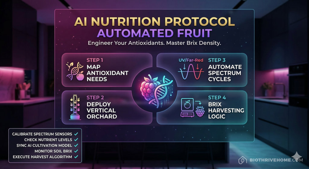 A borderless purple infographic titled 'AI NUTRITION PROTOCOL: AUTOMATED FRUIT'. Subtext: 'Engineer Your Antioxidants. Master Brix Density.' Features four numbered modules: Step 1 Map Antioxidant Needs, Step 2 Deploy Vertical Orchard, Step 3 Automate Spectrum Cycles, Step 4 Brix Harvesting Logic. Central icon of a glowing berry merging with a DNA helix. Clean technical checklist in the bottom-left. No logos or shields.