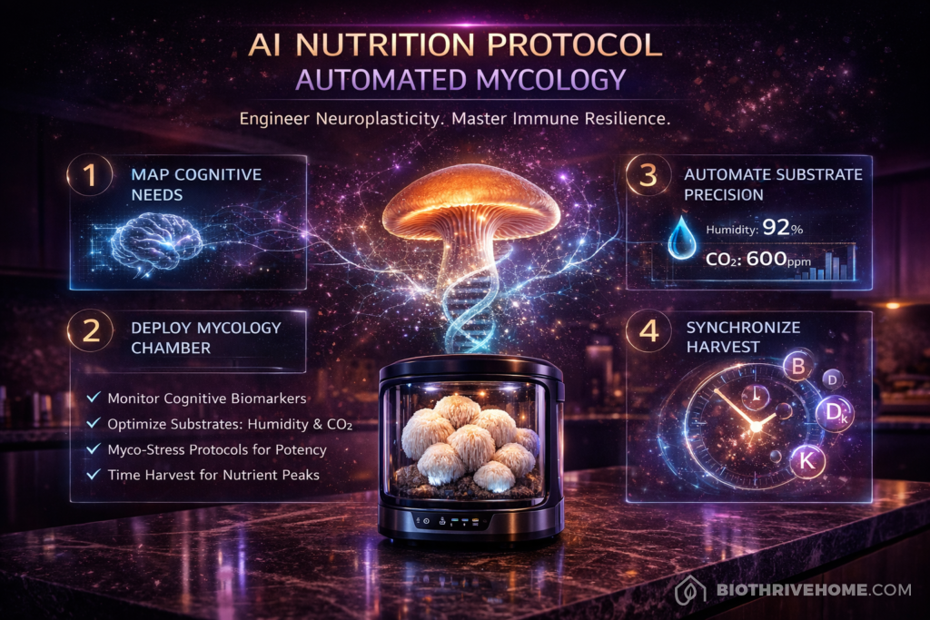 A borderless purple infographic titled 'AI NUTRITION PROTOCOL: AUTOMATED MYCOLOGY'. Subtext: 'Engineer Neuroplasticity. Master Immune Resilience.' Features four numbered modules: Step 1 Map Cognitive Needs, Step 2 Deploy Mycology Chamber, Step 3 Automate Substrate Precision, Step 4 Synchronize Harvest. Central icon of a mushroom merging with a neural network. Clean technical checklist in the bottom-left.