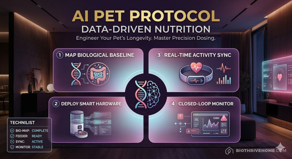A borderless purple infographic titled 'AI PET PROTOCOL: DATA-DRIVEN NUTRITION'. Subtext: 'Engineer Your Pet’s Longevity. Master Precision Dosing.' Features four numbered modules: Step 1 Map Biological Baseline, Step 2 Deploy Smart Hardware, Step 3 Real-Time Activity Sync, Step 4 Closed-Loop Monitor. Central icon of a stylized pet DNA strand merging with a digital network. Clean technical checklist in the bottom-left corner.