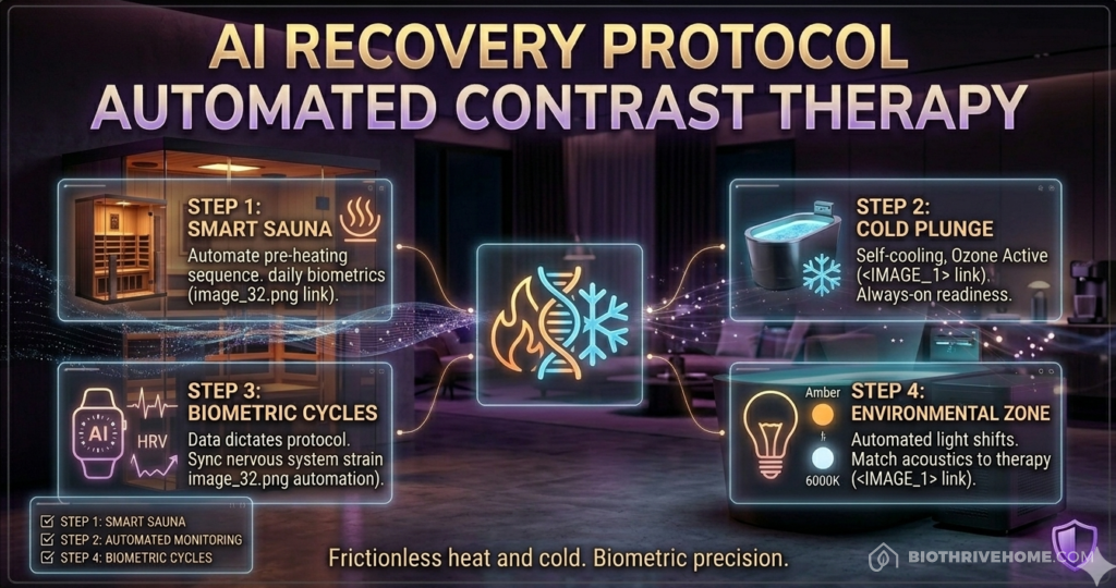 A comprehensive high-resolution photorealistic cinematic infographic set in a darkened luxurious modern smart recovery room. Main title in bold gold and violet text: 'AI RECOVERY PROTOCOL: AUTOMATED CONTRAST THERAPY'. Subtext: 'Frictionless heat and cold. Biometric precision.' 4 numbered modules connect via glowing data streams to a central integrated icon representing a split fire (amber) and ice crystal (cyan) symbol. Step 1 Smart Sauna (Infrared cabin icon), Step 2 Cold Plunge (High-tech chiller tub icon), Step 3 Biometric Cycles (HRV wearable graph icon), Step 4 Environmental Zone (Smart lighting 6000K/Amber icon).