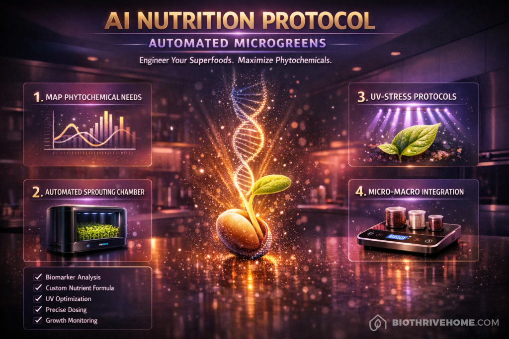 A modern, borderless purple infographic titled 'AI NUTRITION PROTOCOL: AUTOMATED MICROGREENS'. Subtext: 'Engineer Your Superfoods. Maximize Phytochemicals.' It features four numbered modules connected to a central glowing icon of a sprouting seed merging with a DNA helix. Module 1: Map Phytochemical Needs (biomarker graph icon). Module 2: Automated Sprouting Chamber (smart incubator icon). Module 3: UV-Stress Protocols (UV light rays icon). Module 4: Micro-Macro Integration (smart dosing scale icon). A clean technical checklist is located in the bottom-left corner. High-tech biohacking aesthetic.