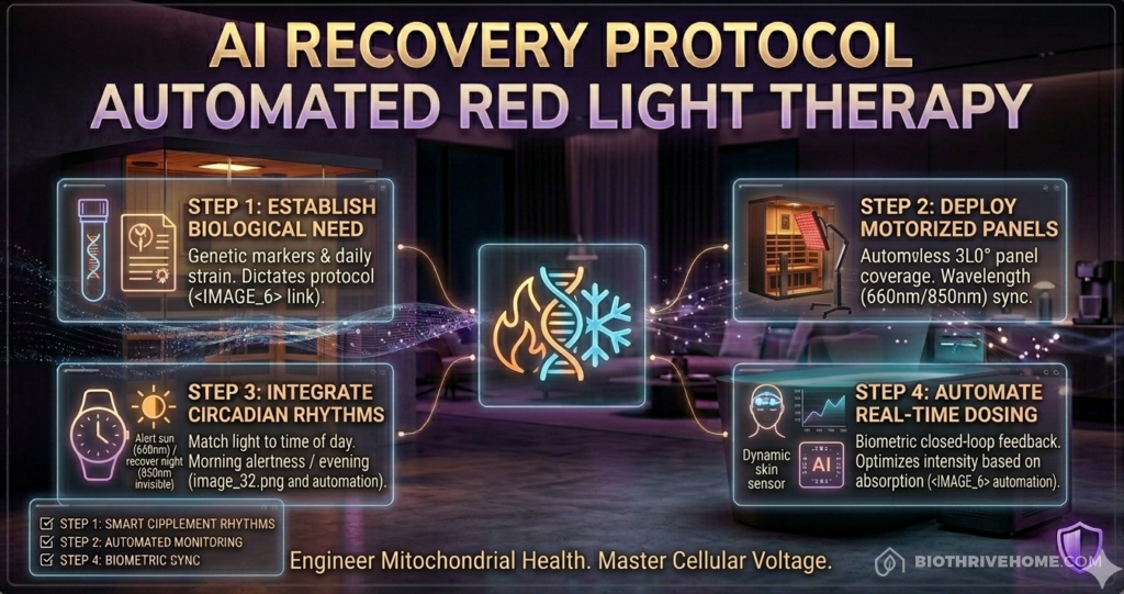 A comprehensive high-resolution photorealistic cinematic infographic set in a darkened luxurious modern smart recovery room. Main title in bold gold and violet text: 'AI RECOVERY PROTOCOL: AUTOMATED RED LIGHT THERAPY'. Subtext: 'Engineer Mitochondrial Health. Master Cellular Voltage.' 4 numbered modules connect via glowing data streams to a central integrated icon representing a stylized mitochondrion icon with light waves and dynamic cellular networks. Step 1 Establish Biological Need (HRV Wearable/DNA kit icon), Step 2 Deploy Articulated Panels (Motorized smart stand icon), Step 3 Integrate Circadian Rhythms (Circadian clock icon showing 660nm Day/850nm Night sync), Step 4 Automate Real-Time Dosing (Skin sensor/TDS Chart icon).