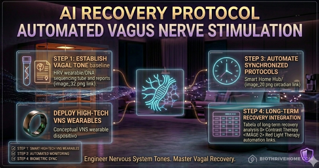 A comprehensive photorealistic cinematic infographic set in a darkened luxurious modern smart home recovery sanctuary at night, maintaining the aesthetic of image_63.png, image_64.png, image_66.png, image_68.png, and image_69.png. A central complex infographic board (framed by brushed metal, but no borders/shields) is structured with four distinct logical numbered modules. Main title: 'AI RECOVERY PROTOCOL'. Below it: 'AUTOMATED VAGUS NERVE STIMULATION'. Subtext: 'Engineer Nervous System Tones. Master Vagal Recovery.' Modules connect by complex glowing data streams to a central integrated icon representing stylized vagus nerve structure bundle glowing electric blue and interwoven with cellular networks and light waves (referencing central view image_64.png/image_61.png). Left Column Organized modules connect: Step 1 ESTABLISH VAGAL TONE baseline (HRV wearable/DNA kit, image_32.png link), Step 2 DEPLOY HIGH-TECH VNS WEARABLES (Conceptual VNS wearable device icon resembling technological ring image_66.png conceptually). Right Column Organized modules connect: Step 3 AUTOMATE SYNCHRONIZED PROTOCOLS (Smart Home Hub/Circadian Clock, image_20.png link), Step 4 LONG-TERM RECOVERY INTEGRATION (Tabela of long-term recovery analysis with Contrast Therapy and Red Light Therapy automation links conceptually referenced image_63.png/image_68.png).