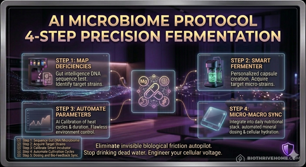 A comprehensive high-resolution photorealistic cinematic infographic set in a darkened luxurious modern smart kitchen. An intricate board framed by a brushed metal border. Main title in bold gold and violet text: 'AI MICROBIOME PROTOCOL: 4-STEP PRECISION FERMENTATION'. Subtext: 'Engineer your internal ecosystem. Master micro-cultivation.' 4 numbered modules connect via glowing data streams to a central integrated icon representing a glowing stomach and stylized DNA/bacteria. Step 1 Map Deficiencies (DNA/Gut Test kit icon), Step 2 Smart Fermenter (Futuristic incubator icon), Step 3 Automate Parameters (AI Temperature/Time control icon), Step 4 Micro-Macro Sync (Smart scale and dosing icon). Checklist box identical to previous infographics in the bottom-left.