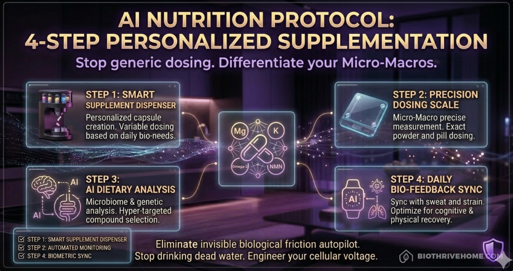 A comprehensive high-resolution photorealistic cinematic infographic set in a darkened luxurious modern smart kitchen at night, maintaining the aesthetic of image_55.png. An intricate high-detail infographic board framed by a sophisticated brushed metal border is central. Main title in bold gold and violet text reads: 'AI NUTRITION PROTOCOL: 4-STEP PERSONALIZED SUPPLEMENTATION'. Subtext summaries: 'Stop generic dosing. Differentiate your Micro-Macros.' 4 distinct numbered modules are flanked connected by sleek glowing data streams to a central integrated icon representing stylized optimized supplement capsules with a neural network pattern. Left Column: Step 1 Smart Supplement Dispenser (personalized capsule creation, identical machine as in image_55.png), Step 2 Precision Dosing Scale (micro-macro measurement, identical scale as in image_55.png). Right Column: Step 3 AI Dietary Analysis (microbiome & genetic analysis), Step 4 Daily Bio-Feedback Sync (sync with sweat and strain).