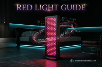 A cinematic close-up of a premium, high-tech black aluminum red light therapy panel glowing intensely with deep red and near-infrared light. Floating holographic text displays 'CLINICAL-GRADE IRRADIANCE'. Dark luxury aesthetic with deep purple lighting.
