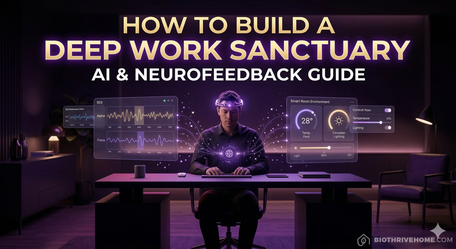 A cinematic featured image showing a focused professional in a dark luxury smart office. They are wearing a subtle, futuristic neurofeedback headband with a soft violet glow. Translucent holographic interfaces (non-segmented) surround them, displaying dynamic brainwave frequencies (Alpha and Theta) and smart room environment controls indicating temperature and circadian lighting. Title text: 'HOW TO BUILD A DEEP WORK SANCTUARY' in glowing gold and violet. Below it: 'AI & NEUROFEEDBACK GUIDE'. Minimalist sophisticated furniture, dramatic intimate lighting. No animal, pet, or paw logos are visible. A small BioThrive shield logo (shield only, NO paw print) in the bottom right corner. Floating data particles and streams connect all components to a central hub (like the sleeper in image_4.png), symbolizing an integrated system, and emphasizing data connectivity. The composition is highly detailed. 8k resolution, shallow depth of field focusing sharply on the subject and the hologram. No security shields are present.