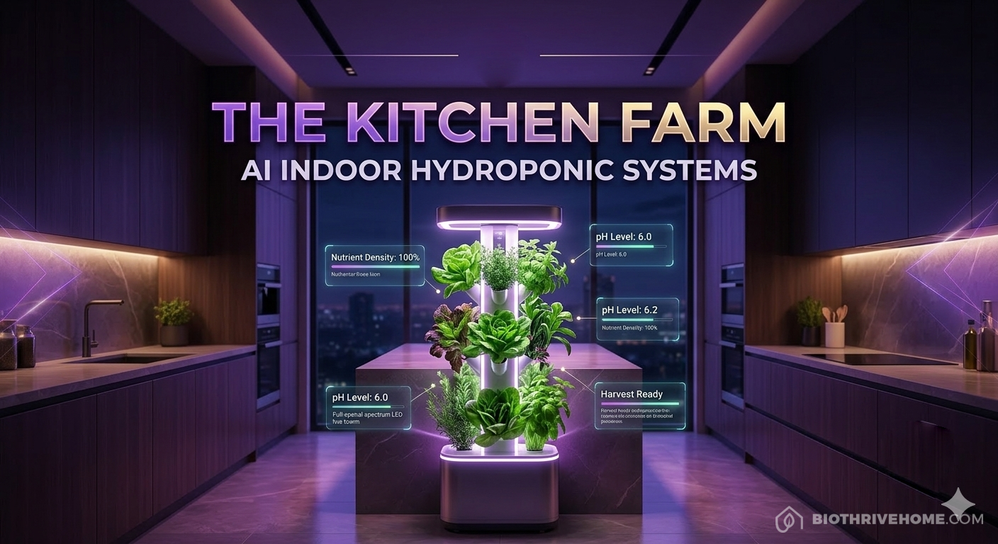 The Gardyn Home Kit 4.0 vertical hydroponic system fully grown in a modern living space, highlighting its built-in cameras and Kelby AI technology for automated plant care.