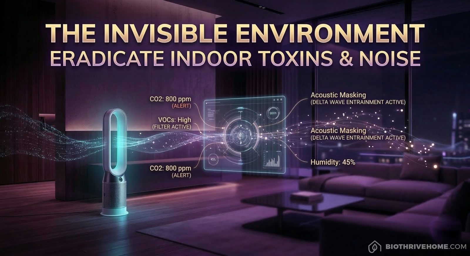 A cinematic featured image showing a modern dark luxury living room. Floating holographic panels (non-module conceptual indicators) display dynamic charts for 'CO2: 800 ppm (ALERT)', 'VOCs: High (FILTER ACTIVE)', and 'Acoustic Masking (DELTA WAVE ENTRAINMENT ACTIVE)'. A sleek, futuristic air purifier stands elegantly in the corner, emitting a faint cyan glow, linked by light streams to the data. Title text: 'THE INVISIBLE ENVIRONMENT' in glowing gold and violet. Smaller text below: 'ERADICATE INDOOR TOXINS & NOISE'. Small glowing purple BioThrive shield logo (shield only, NO paw print) bottom right. Floating data particles and streams connect all components to a central hub, emphasizing data connectivity. The composition is highly detailed. 8k resolution, precise depth of field focusing sharply on the holographic data, the titles, and the purifier. Absolutely NO dog paw, animal, or security shield logos are included in the scene, maintaining a technological and serene atmosphere.