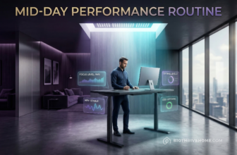 A cinematic featured image of an ultra-luxurious, modern home office during the mid-day. A sleek smart desk is in the standing position. The room is bathed in crisp, cool white and cyan circadian lighting to boost focus, contrasting with deep purple shadows. A holographic interface displays 'FOCUS LEVEL: 94%' and 'AIR QUALITY: PEAK'. Integrated title: MID-DAY PERFORMANCE ROUTINE.
