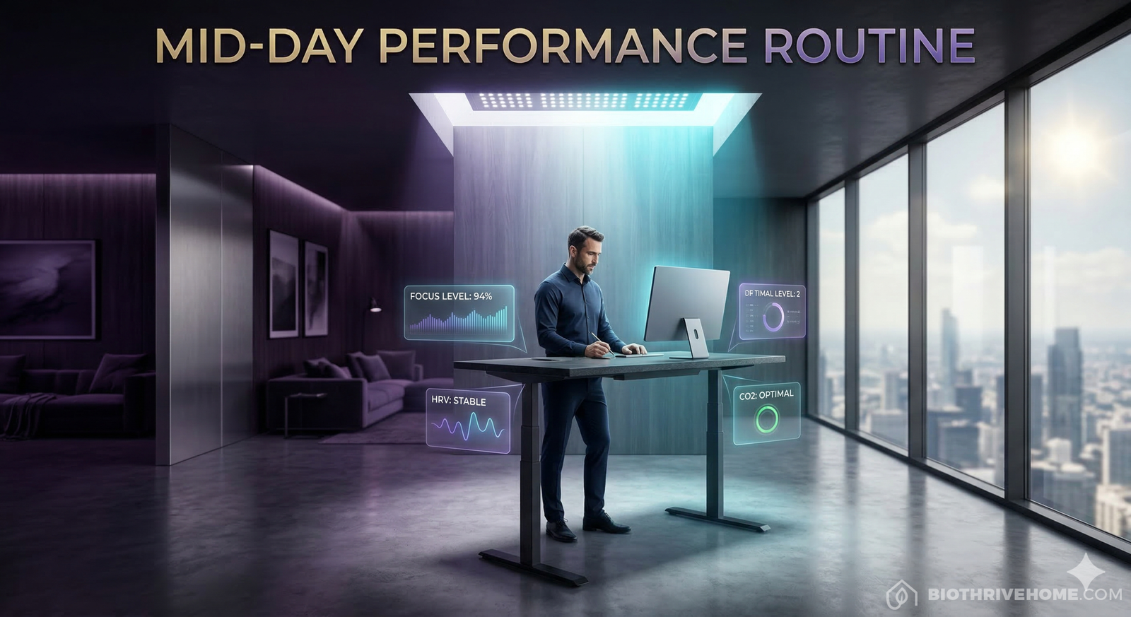 A cinematic featured image of an ultra-luxurious, modern home office during the mid-day. A sleek smart desk is in the standing position. The room is bathed in crisp, cool white and cyan circadian lighting to boost focus, contrasting with deep purple shadows. A holographic interface displays 'FOCUS LEVEL: 94%' and 'AIR QUALITY: PEAK'. Integrated title: MID-DAY PERFORMANCE ROUTINE.