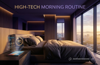 A cinematic featured image of an ultra-luxurious, modern bedroom at dawn. Soft, warm amber and gold circadian lighting gently illuminates the room, contrasting with the cool deep purple shadows. A sleek tablet on the nightstand displays a glowing holographic sleep score of '98% RECOVERED'. Integrated title: HIGH-TECH MORNING ROUTINE.
