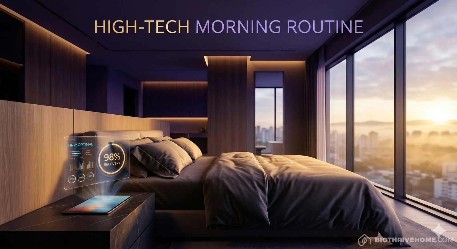 A cinematic featured image of an ultra-luxurious, modern bedroom at dawn. Soft, warm amber and gold circadian lighting gently illuminates the room, contrasting with the cool deep purple shadows. A sleek tablet on the nightstand displays a glowing holographic sleep score of '98% RECOVERED'. Integrated title: HIGH-TECH MORNING ROUTINE.
