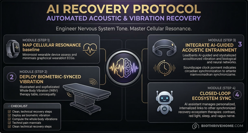 A modern, borderless purple infographic titled 'AI Recovery Protocol: Automated Acoustic & Vibration Recovery'. The subtext reads 'Engineer Nervous System Tone. Master Cellular Resonance.' It features four numbered modules connected to a central glowing brain and soundwave graphic. Module 1: Map Cellular Resonance (heart rate icon). Module 2: Deploy Biometric-Synced Vibration (therapy table icon). Module 3: Integrate AI-Guided Acoustic Entrainment (headphones icon). Module 4: Closed-Loop Ecosystem Sync (AI robot icon). A clean technical checklist is located in the bottom-left corner. High-tech biohacking aesthetic.