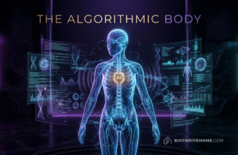 A cinematic featured image of a stylized, translucent human silhouette made of glowing blue data points and neural network connections. A digital 'AI core' glows at the center. Moody deep purple and cyan lighting. Translucent holographic code streams float in the air. Integrated title: THE ALGORITHMIC BODY.