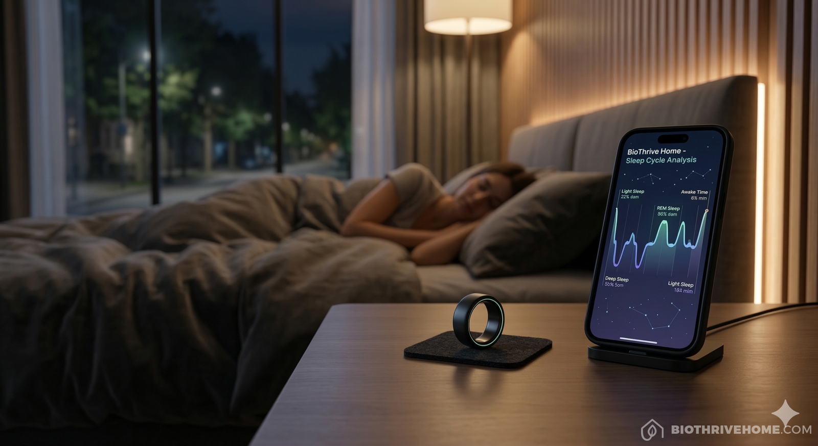 A peaceful, modern bedroom at night with soft ambient lighting, showing a smart ring on a bedside table and a glowing digital sleep cycle graph on a smartphone screen.
