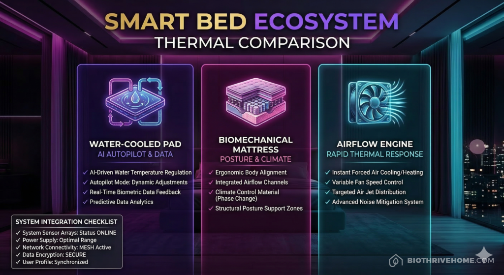 A borderless purple infographic titled 'ENVIRONMENTAL STACK: AIR QUALITY TECH'. Three vertical columns comparing three concepts: Smart Monitor (Focus: CO2 & Data), Clinical Purifier (Focus: Heavy HEPA Filtration), and Hybrid Tower (Focus: Cooling & VOC Destruction). Clean technical text with checkmarks.