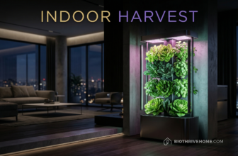 A cinematic featured image of a sleek, high-tech vertical hydroponic tower growing vibrant green kale and herbs inside a luxurious modern apartment. Soft magenta and cyan LED grow lights illuminate the plants. Dark luxury aesthetic. Integrated title: INDOOR HARVEST.
