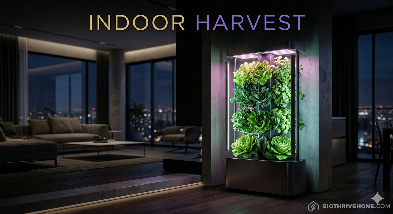 A cinematic featured image of a sleek, high-tech vertical hydroponic tower growing vibrant green kale and herbs inside a luxurious modern apartment. Soft magenta and cyan LED grow lights illuminate the plants. Dark luxury aesthetic. Integrated title: INDOOR HARVEST.