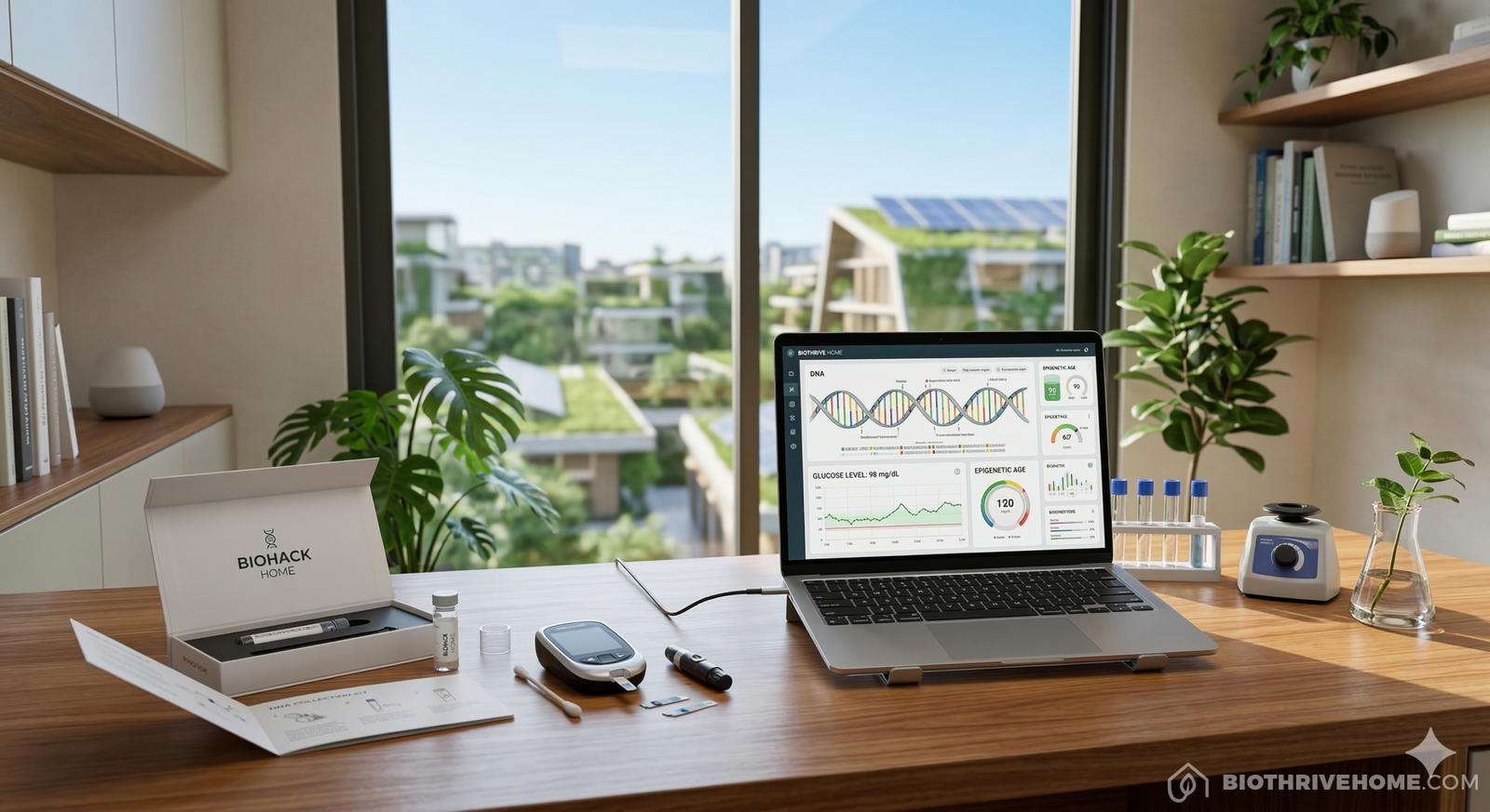 A clean, organized home laboratory station on a wooden desk with a modern DNA collection kit, a small smart blood glucose monitor, and a laptop displaying complex biological data charts in a bright, modern room.
