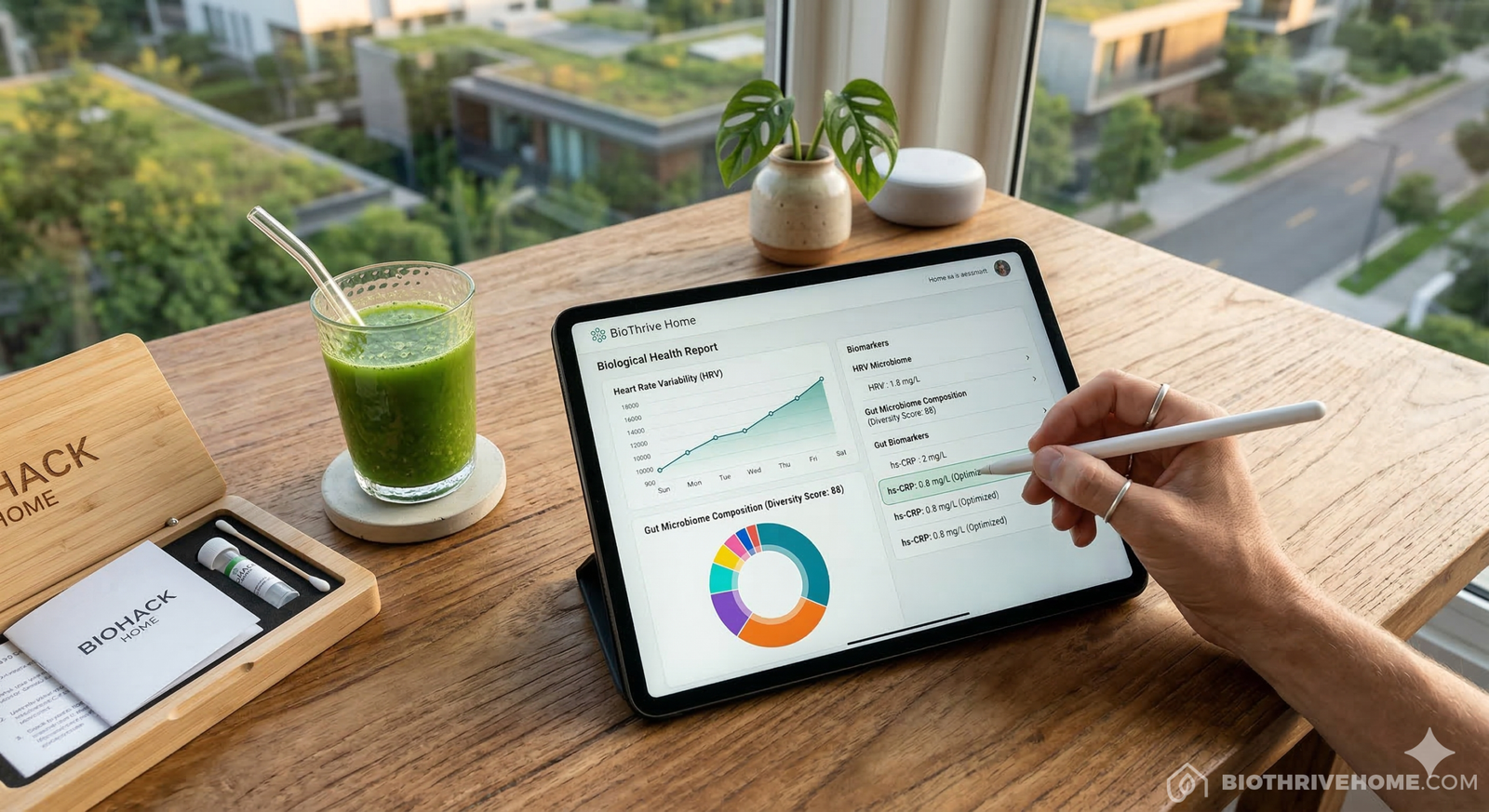 A top-down view of a modern wooden desk with a tablet displaying a complex biological report, a glass of green juice, and a person's hand highlighting specific biomarker data with a digital pen.