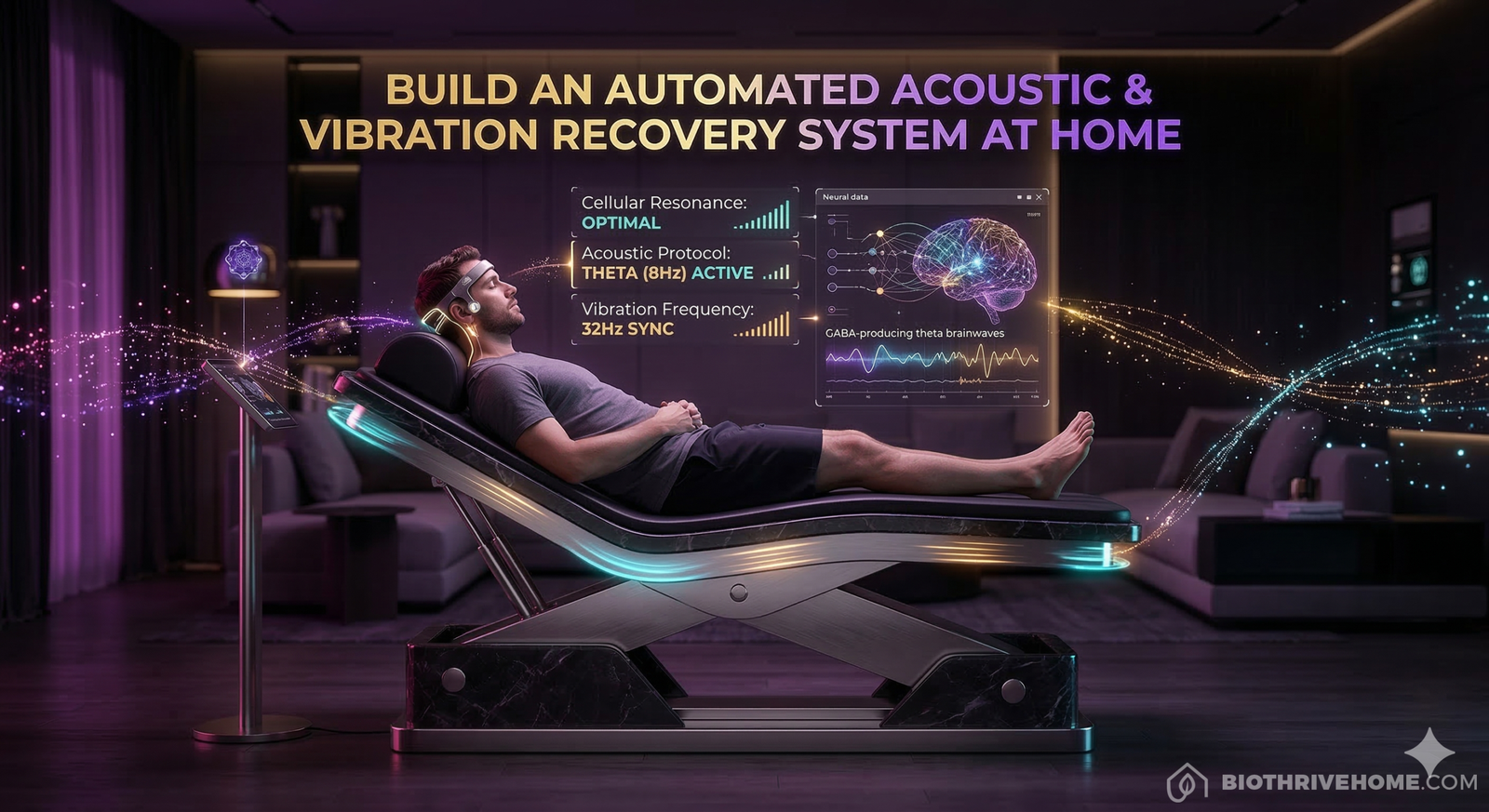 A photorealistic cinematic featured image of a luxurious smart home recovery sanctuary at night. A male subject lies horizontally on a dark marble and brushed metal automated whole-body vibration (WBV) therapy table emitting cyan and amber light. He wears an advanced acoustic headband targeting the vagus nerve. Dynamic holographic interfaces float around him displaying 'Cellular Resonance: OPTIMAL', 'Acoustic Protocol: THETA (8Hz) ACTIVE', 'Vibration Frequency: 32Hz SYNC', and GABA-producing theta brainwave charts. The text 'BUILD AN AUTOMATED ACOUSTIC & VIBRATION RECOVERY SYSTEM AT HOME' is integrated at the top. Dramatic deep purple, magenta, and gold lighting. No logos or borders.
