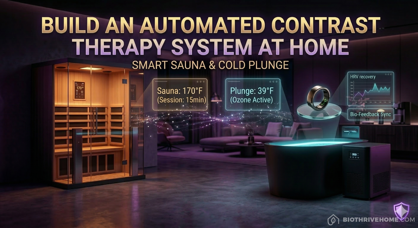 A cinematic featured image showing a high-tech home recovery sanctuary. On the left, a modern glass-front smart infrared sauna glows with deep amber light. On the right, a sleek, futuristic self-cooling cold plunge tub emits a crisp cyan glow. Translucent holographic interfaces float between them, displaying data: 'Sauna: 170°F (Ready)', 'Plunge: 39°F (Ozone Active)', and an HRV recovery graph. The integrated glowing title at the top in modern gold and violet reads: 'AUTOMATED CONTRAST THERAPY'. Dramatic intimate lighting, premium biohacking aesthetic. No human subject is visible. 8k resolution, precise depth of field. A small glowing purple BioThrive shield logo