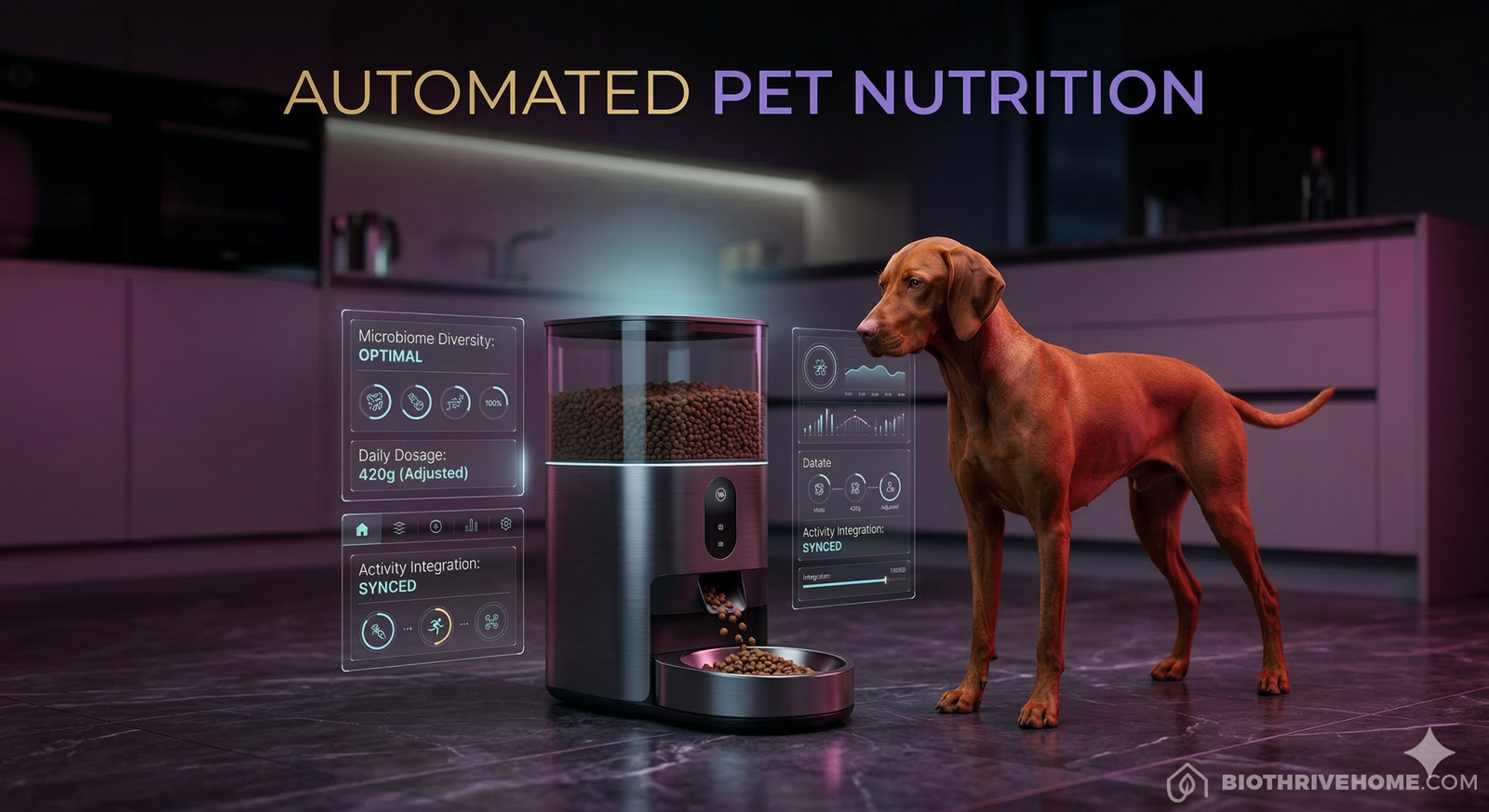 A cinematic featured image set in a darkened ultra-luxurious smart home kitchen at night. A sleek, futuristic smart pet feeder sits on a dark marble floor, dispensing precision-dosed food for a healthy, vibrant dog (mid-sized, athletic build). Translucent holographic interfaces float around the feeder displaying data: 'Gut Microbiome: BALANCED', 'Caloric Need: 420kcal', and 'Activity Sync: ACTIVE'. Moody purple and cyan lighting. Integrated title at the top: 'AUTOMATED PET NUTRITION'. No logos, borders, or shields.