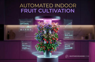 A cinematic featured image showing an ultra-luxurious modern smart home kitchen at night. A sleek, futuristic vertical orchard tower sits on a dark counter, thriving with hyper-realistic vibrant blueberries and strawberries. Translucent holographic interfaces float around the tower displaying data like 'Anthocyanin Yield: ELITE', 'Brix Index: 18.5', and 'Spectrum: Far-Red/UV-A ACTIVE'. Moody purple, magenta, and cyan lighting. Integrated title text at the top: 'AUTOMATED INDOOR FRUIT CULTIVATION'. No logos or borders.