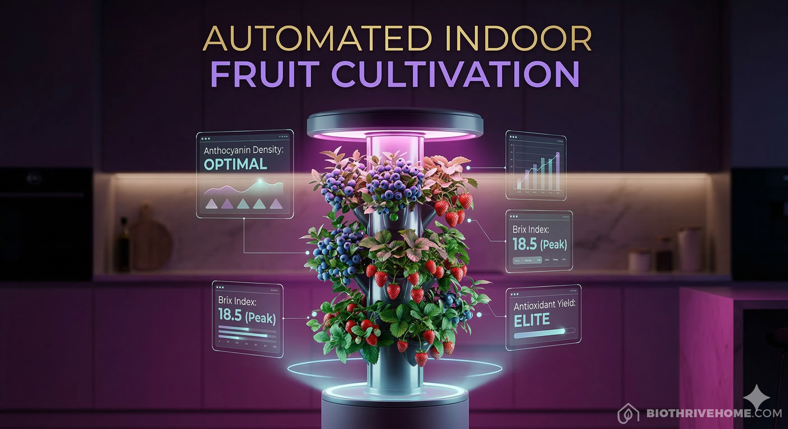 A cinematic featured image showing an ultra-luxurious modern smart home kitchen at night. A sleek, futuristic vertical orchard tower sits on a dark counter, thriving with hyper-realistic vibrant blueberries and strawberries. Translucent holographic interfaces float around the tower displaying data like 'Anthocyanin Yield: ELITE', 'Brix Index: 18.5', and 'Spectrum: Far-Red/UV-A ACTIVE'. Moody purple, magenta, and cyan lighting. Integrated title text at the top: 'AUTOMATED INDOOR FRUIT CULTIVATION'. No logos or borders.