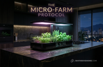 A cinematic lifestyle image of a sleek, high-tech smart countertop garden growing vibrant microgreens in a luxurious dark kitchen. The automated LED grow lights emit a soft cyan and magenta glow. Dark luxury aesthetic. Integrated title: THE MICRO-FARM PROTOCOL.