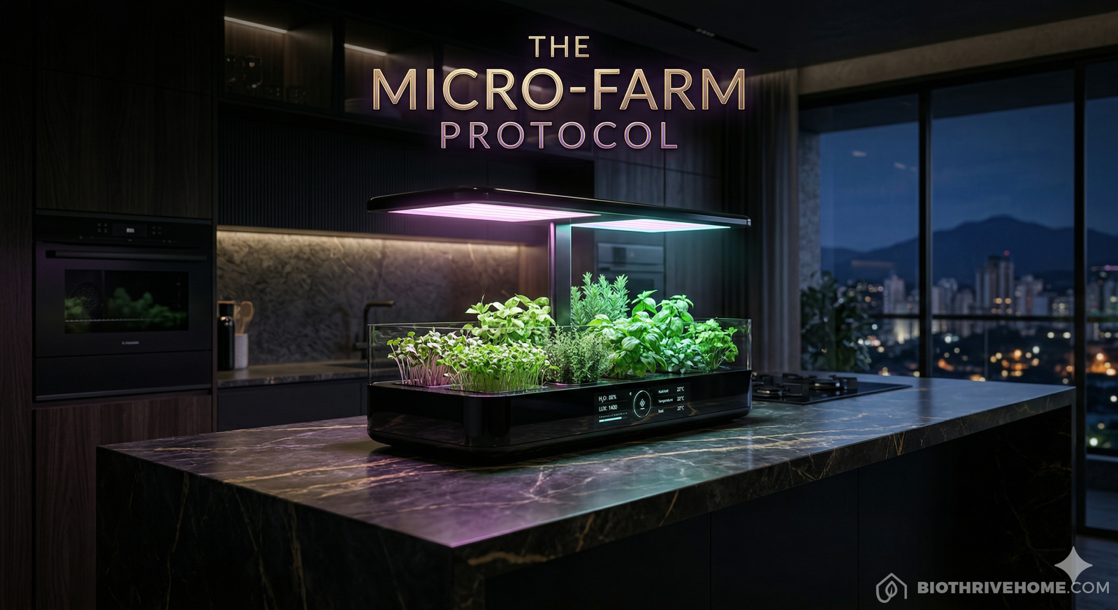 A cinematic lifestyle image of a sleek, high-tech smart countertop garden growing vibrant microgreens in a luxurious dark kitchen. The automated LED grow lights emit a soft cyan and magenta glow. Dark luxury aesthetic. Integrated title: THE MICRO-FARM PROTOCOL.