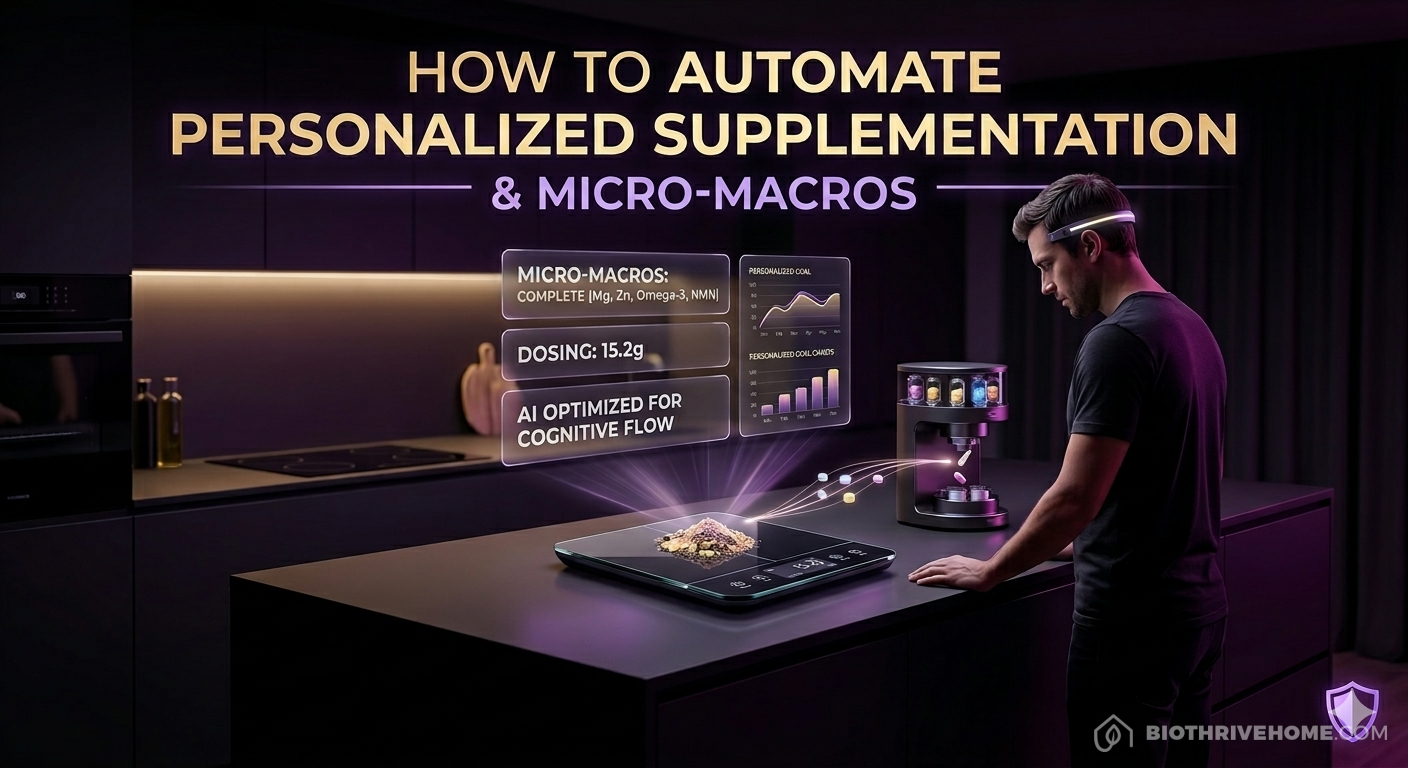 A cinematic featured image set in a darkened, ultra-luxurious modern smart kitchen. A focused human subject (male) with a subtle neuro-tech wearable interacts with futuristic glowing touch interfaces on a smart nutritional scale, made of dark glass. Holographic panels float above the scale displaying dynamic charts: 'MICRO-MACROS: COMPLETE (Mg, Zn, Omega-3, NMN)', 'DOSING: 15.2g', and personalized goals. A futuristic, small capsule-based smart supplement dispenser, resembling a complex machine with small glowing pods, is actively dispensing personalized pills. Data streams and floating particles emphasize connectivity and an integrated system. The integrated glowing title at the top in modern gold and violet reads: 'HOW TO AUTOMATE PERSONALIZED SUPPLEMENTATION & MICRO-MACROS'. Dramatic intimate lighting with moody ambient deep purple, magenta, and soft glowing gold accents creates a premium biohacking aesthetic. The composition focuses sharply on the subject and the scale. 8k resolution, precise depth of field.