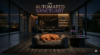A cinematic wide shot of a luxurious, modern dark living room. A calm, elegant dog rests peacefully on a premium bed. Nearby, a sleek, high-tech smart feeder and a glowing interactive camera emit subtle cyan and magenta LED lights. Dark luxury aesthetic. Integrated title: THE AUTOMATED SANCTUARY.