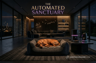 A cinematic wide shot of a luxurious, modern dark living room. A calm, elegant dog rests peacefully on a premium bed. Nearby, a sleek, high-tech smart feeder and a glowing interactive camera emit subtle cyan and magenta LED lights. Dark luxury aesthetic. Integrated title: THE AUTOMATED SANCTUARY.
