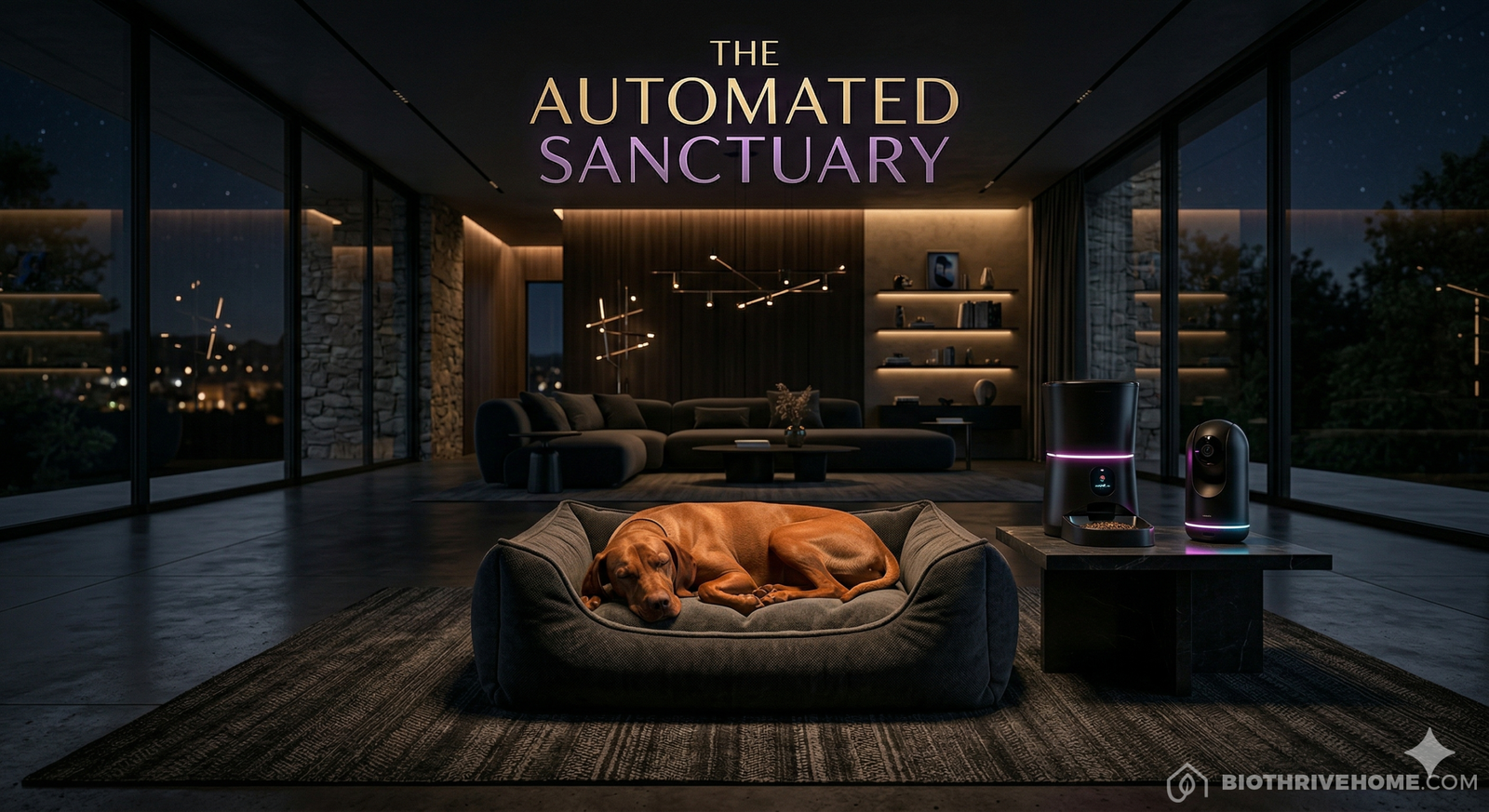 A cinematic wide shot of a luxurious, modern dark living room. A calm, elegant dog rests peacefully on a premium bed. Nearby, a sleek, high-tech smart feeder and a glowing interactive camera emit subtle cyan and magenta LED lights. Dark luxury aesthetic. Integrated title: THE AUTOMATED SANCTUARY.