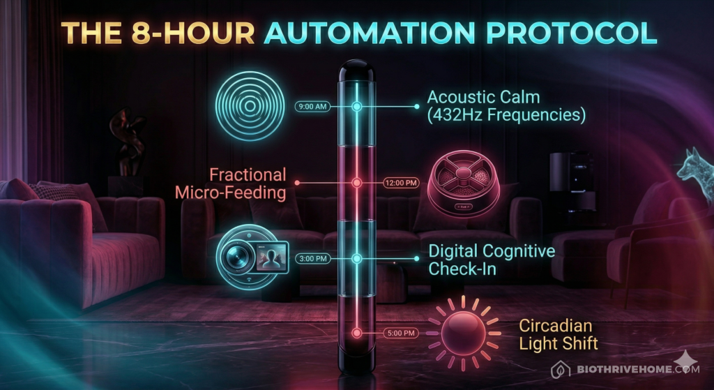 A borderless dark purple infographic titled 'THE 8-HOUR AUTOMATION PROTOCOL'. A vertical timeline. 9:00 AM: 'Acoustic Calm' (soundwave icon). 12:00 PM: 'Fractional Feeding' (smart bowl icon). 3:00 PM: 'Cognitive Check-In' (camera/treat icon). 5:00 PM: 'Circadian Dimming' (sun setting icon). Clean technical text with glowing cyan accents.