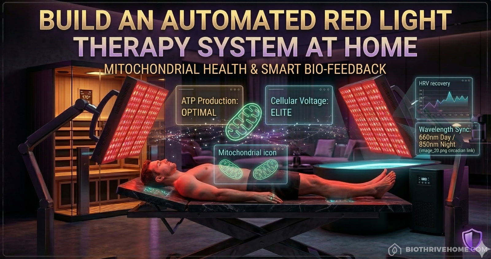 A cinematic featured image showing a high-tech home recovery sanctuary. A focused human subject (male, mid-30s) lies on an ergonomic therapy table. Articulated, motorized smart stands hold large, complex, medical-grade red light therapy panels that emit intense, glowing red and invisible near-infrared light over their entire body. Translucent holographic interfaces float above, displaying dynamic ATP production charts, 'Wavelength: 660nm/850nm Sync', and a centralized mitochondrial icon glowing green. Dramatic intimate lighting, premium dark materials, with moody purple, magenta, and cyan accent lights. No human movement friction is visible. 8k resolution, precise depth of field.