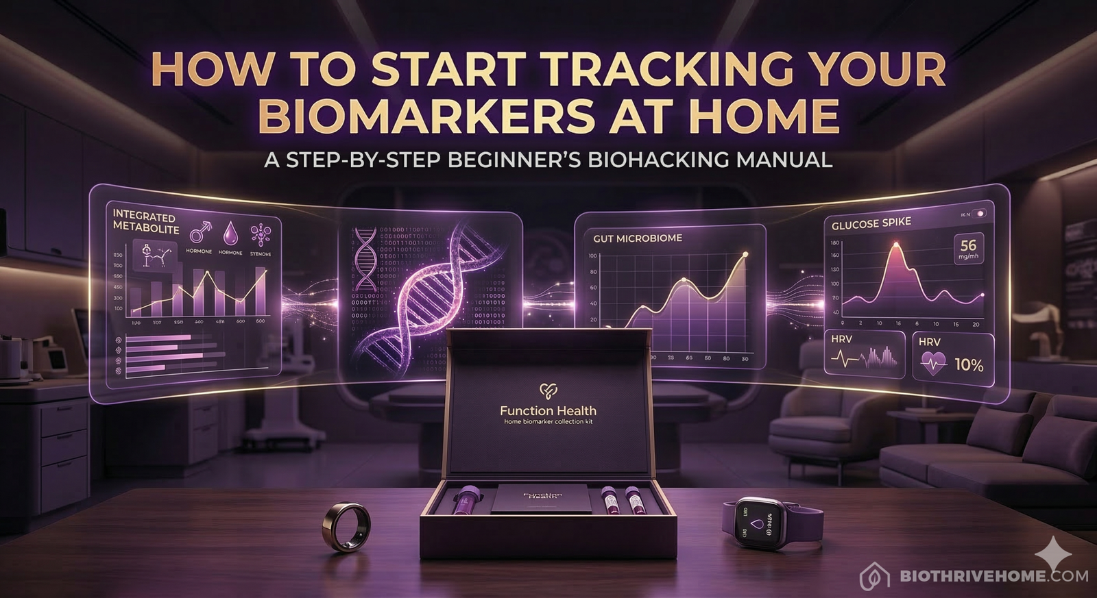 A premium open home biomarker collection kit, showing DNA collection swabs, blood vials, and microbiome collection tubes on a sophisticated dark desk, with floating holographic data interfaces displaying biological data synthesis for beginner cellular optimization.