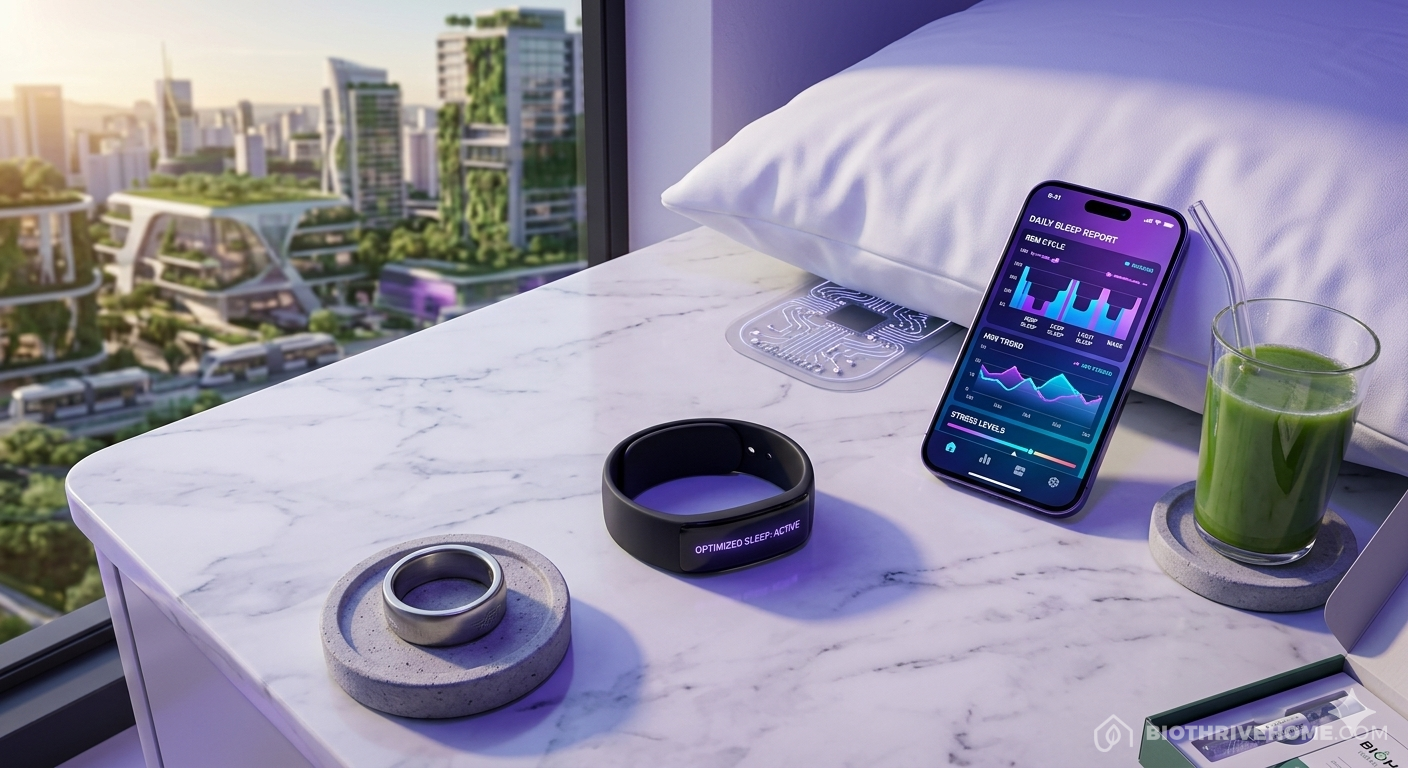 A high-tech comparison of 2026 sleep tracking devices on a white marble nightstand, featuring a titanium smart ring on a concrete coaster, a minimalist black wrist wearable displaying 'OPTIMIZED SLEEP: ACTIVE', and a transparent thin sensor pad tucked under a luxury pillow. A smartphone screen displays a detailed 'DAILY SLEEP REPORT' with violet and cyan graphs for REM, deep, and light sleep cycles. A glass of green juice and a BioHack Home kit are nearby. In the background, a blurred futuristic urban landscape is visible through a window, all suffused with a pervasive soft violet glow.