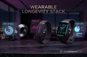 A cinematic featured image of three conceptual biometric wearables—a sleek smart ring, a minimalist fitness band, and a modern smartwatch—floating elegantly above a dark luxury marble surface. Moody purple and cyan lighting. Translucent holographic data streams display 'HRV: OPTIMAL' and 'SLEEP SCORE: 95'. Integrated title: WEARABLE LONGEVITY STACK. No logos or borders