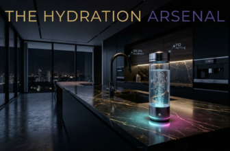 A cinematic wide shot of a luxurious dark marble kitchen island. A sleek, high-tech tankless reverse osmosis faucet pours water into an elegant glowing hydrogen generator bottle emitting cyan and magenta light. Dark luxury aesthetic. Integrated title: THE HYDRATION ARSENAL.