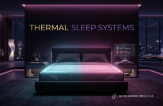 A cinematic featured image of a luxurious, dark modern bedroom at night. A sleek, glowing smart bed is the centerpiece, displaying a visual thermal split: one side glows with icy cyan cooling energy, the other with warm magenta heating energy. Minimalist high-tech aesthetic. Integrated title: THERMAL SLEEP SYSTEMS.