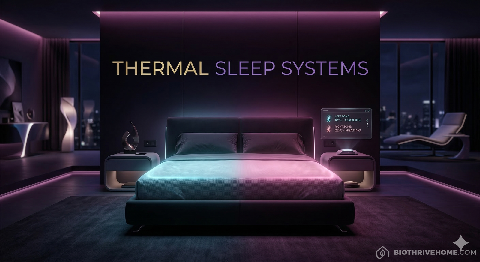 A cinematic featured image of a luxurious, dark modern bedroom at night. A sleek, glowing smart bed is the centerpiece, displaying a visual thermal split: one side glows with icy cyan cooling energy, the other with warm magenta heating energy. Minimalist high-tech aesthetic. Integrated title: THERMAL SLEEP SYSTEMS.