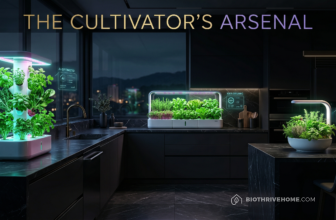 A cinematic, wide shot of a luxurious dark marble kitchen featuring three high-tech smart indoor gardens glowing with cyan and magenta LED lights. Floating holographic data points show plant health metrics. Dark luxury aesthetic. Integrated title: THE CULTIVATOR'S ARSENAL.