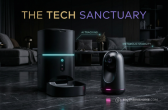 A cinematic close-up of a sleek, modern automated pet feeder and an elegant AI pet camera sitting on a luxurious dark marble floor. They emit subtle cyan and deep magenta LED glows. Dark luxury aesthetic. Integrated title: THE TECH SANCTUARY.