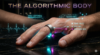 A cinematic, macro shot of a sleek, high-tech smart ring on a person's finger glowing with an intense cyan and magenta light against the skin. Floating holographic data points show HRV metrics and biological age algorithms. Dark luxury aesthetic. Integrated title: THE ALGORITHMIC BODY.
